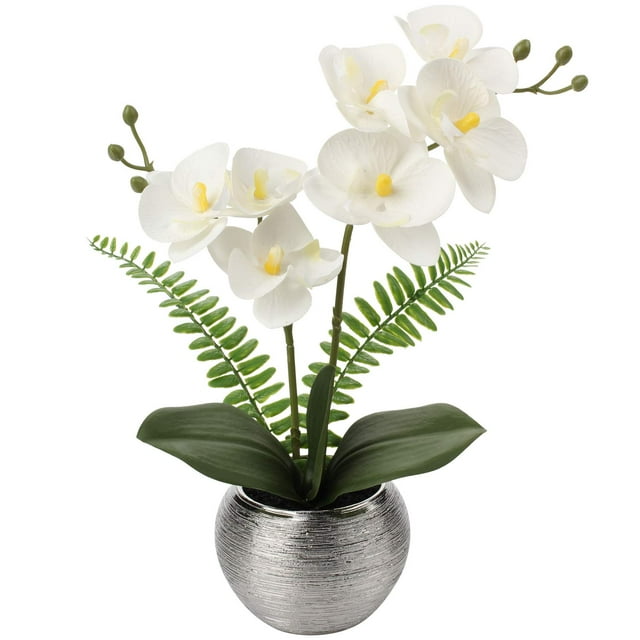 Orquídeas artificiales Briful White con jarrón plateado de 33 cm