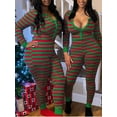 thumbnail image 2 of Women Christmas Romper Jumpsuits V-Neck Long Sleeve One Piece Bodysuit Lounge Striped Pajamas Outfit Set, 2 of 7