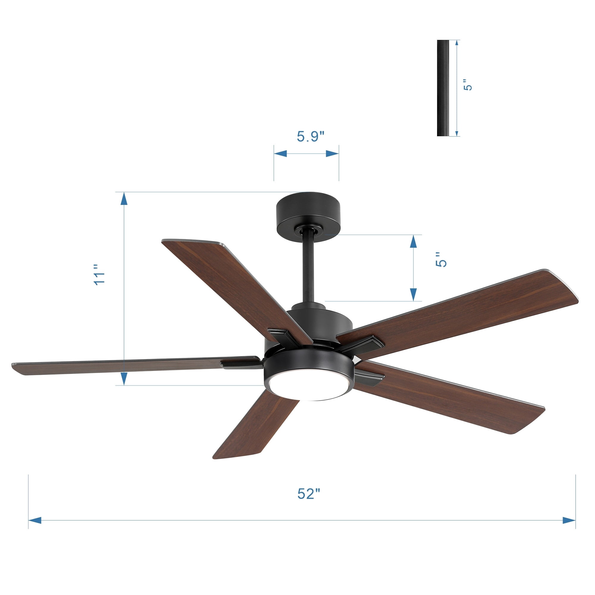 Breezary 52-IN LED Ceiling Fan with Light Kit and Remote- 5 Blade Black Walnut
