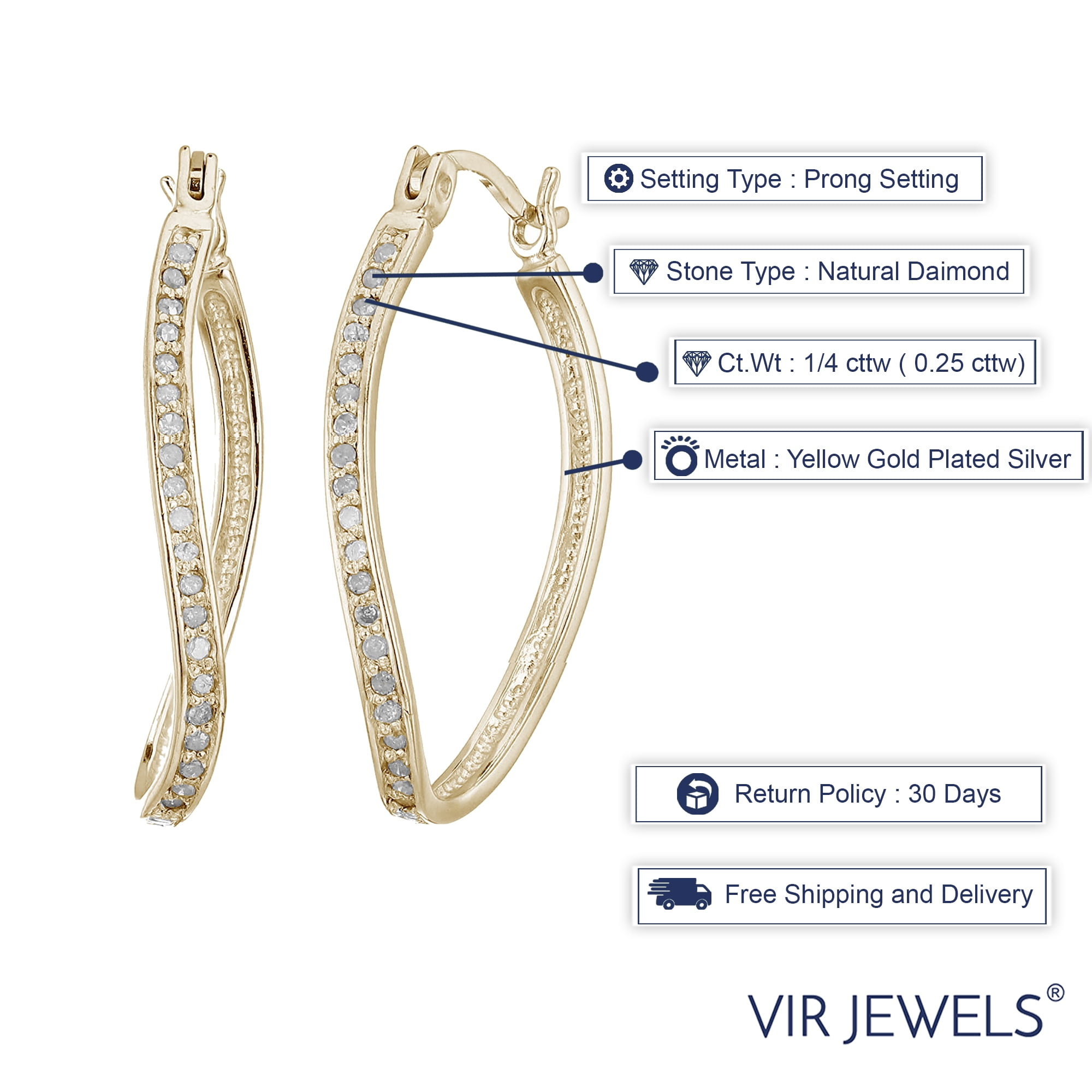Vir Jewels 1/4 CTTW Diamond Hoop Earrings Yellow Gold Plated over .925 Silver 1 Inch Female Adult