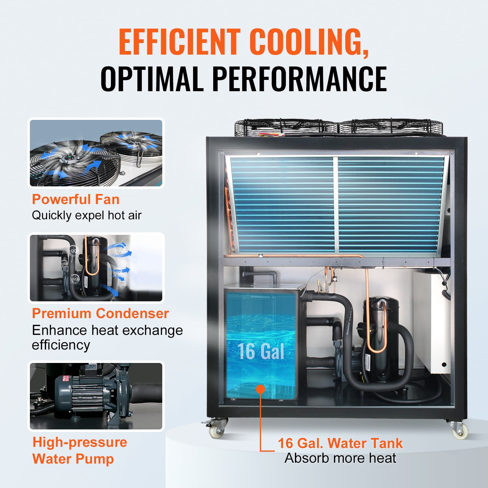 KFFKFF Commercial Water Cooler, 9.4HP 16 Gal Air-Circulated Commercial Water Cooler, 15,100 Kcal/h Chilling Power with Ribbed Condenser Micro-Computer Management 60L Water Reservoir