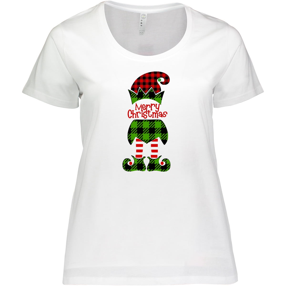 Inktastic Merry Christmas Elf in Red and Green Plaid Women's Plus Size T-Shirt