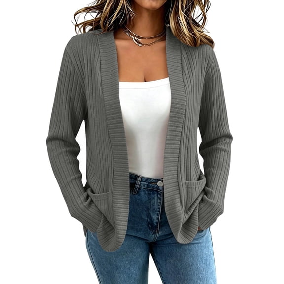 CBASIHI Womens Ribbed Cardigans with Pockets- Casual Long Sleeve Fall Lightweight Open Front Sweater Gray Size S-2XL