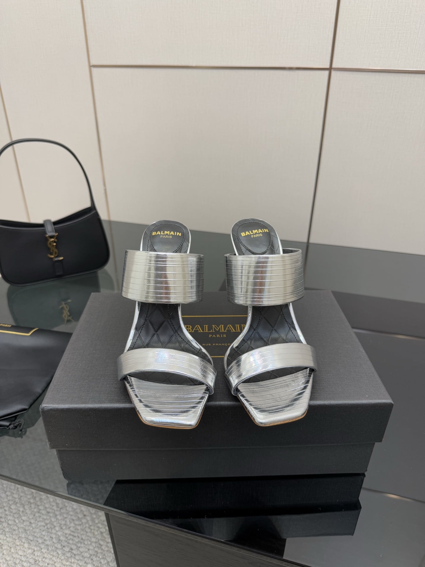 BALMAIN 25S THIN STRAP HIGH HEELS 105MM IN BLACK CALFSKIN GOLD HARDWARE