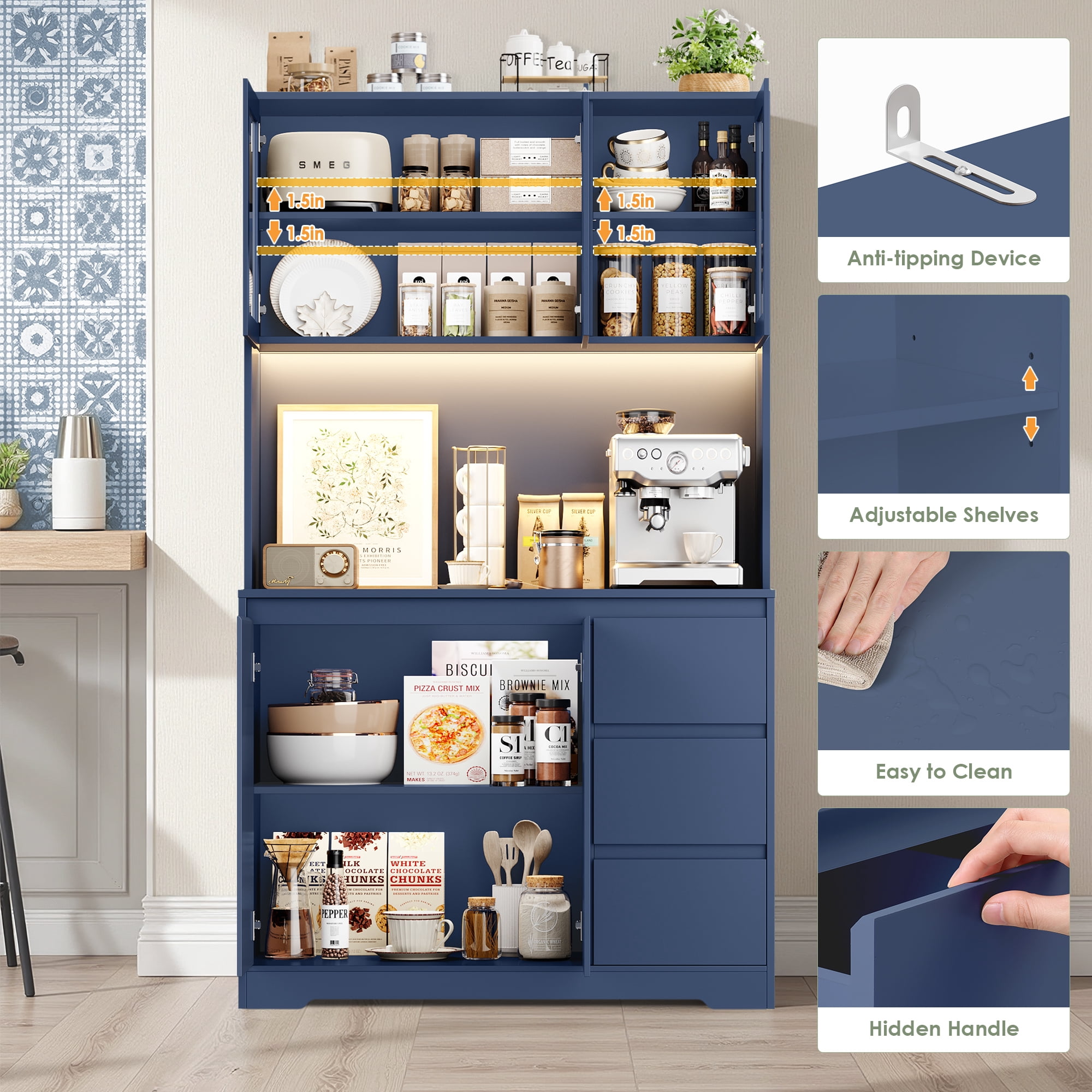 Homfa 70.9'' Kitchen Pantry Cabinet with Charging Station and LED Light, 3 Drawers Buffet Storage Cabinet with Glass Doors and Adjustable Shelves, Blue