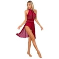 thumbnail image 4 of IEFIEL Womens Chiffon Side Split Lyrical Modern Dance Dress Backless Rhinestone Mesh Patchwork Figure Skating Dress Burgundy L, 4 of 7