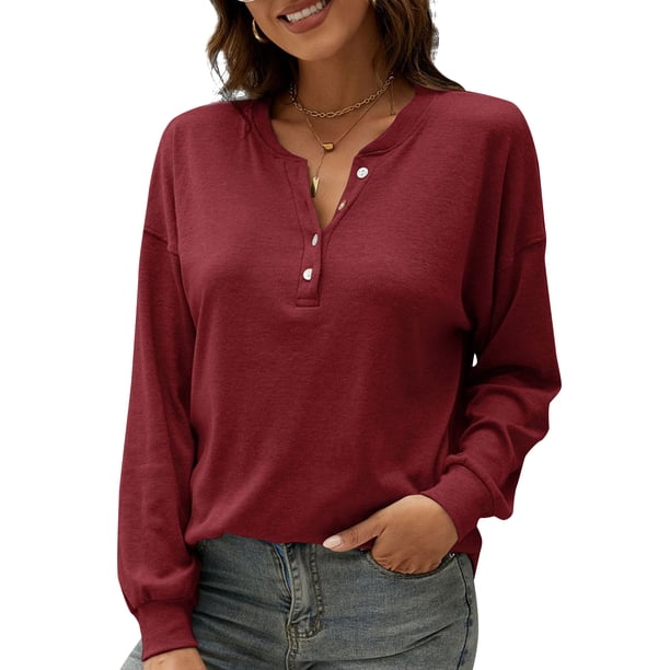 Camiseta holgada de manga larga con hombros caídos y botones para mujer Abanopi Camiseta mujer