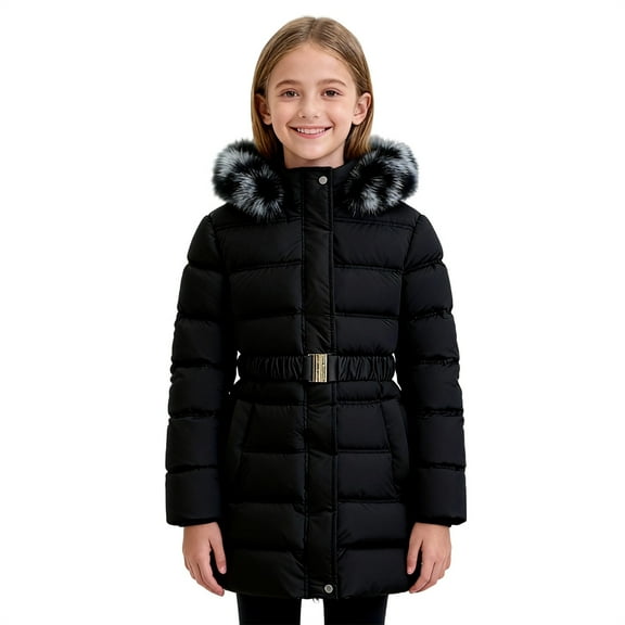 Otqutp Girls Long Puffer Jacket with Faux Fu𝗿 Hood and Belt Winter Quilted Warm Down Coat for Kids Slim Fit Parka Outerwear