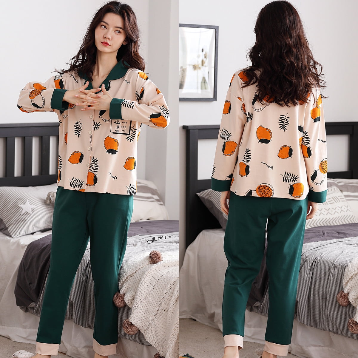 MintLimit Women Pajamas Ladies Soft Button Down Pjs for Young teens girls 13 17 years Cartoon Nighwear Green L