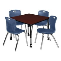 Regency 42 Square Mobile Classroom Table- Mahogany & 4 Andy 18 Stack Chairs- Blue