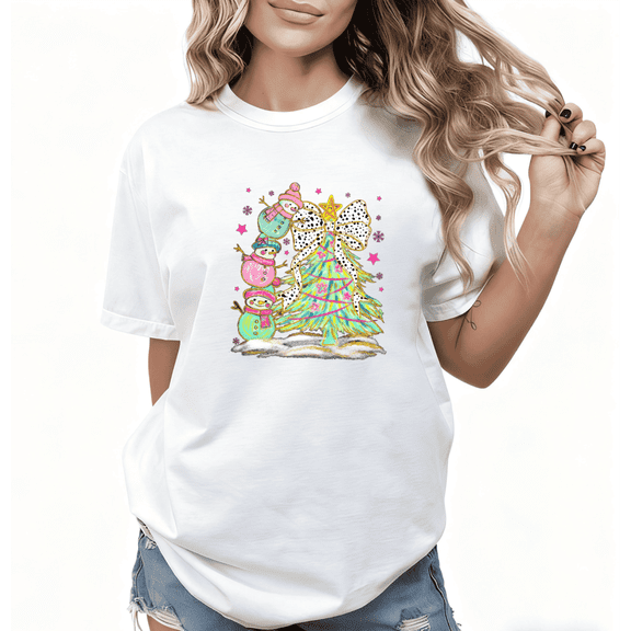 Pink Green Snowman Christmas Print Tshirt White Graphic Tees Shirts S-5XL Festive Women Tops