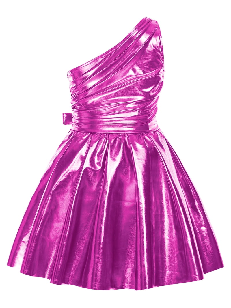 hot pink patent leather dress Raenseen Girls Shiny Party With Belt One Shoulder A Line Summer Dress Look Modern Jazz Dance Outfits 8 amy22725
