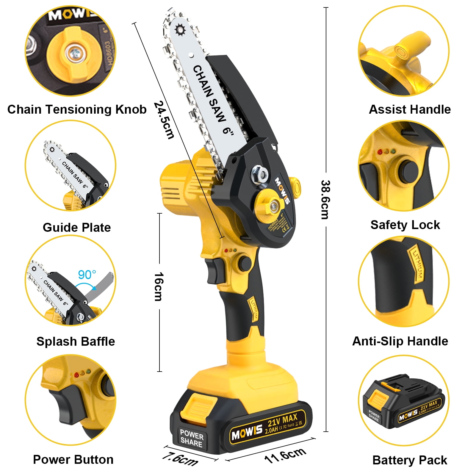Mini Chainsaw 6 Inch, Mowis Portable Cordless Power Chain Saws, 21V Battery Powered, for Wood Cutting Tree Trimming