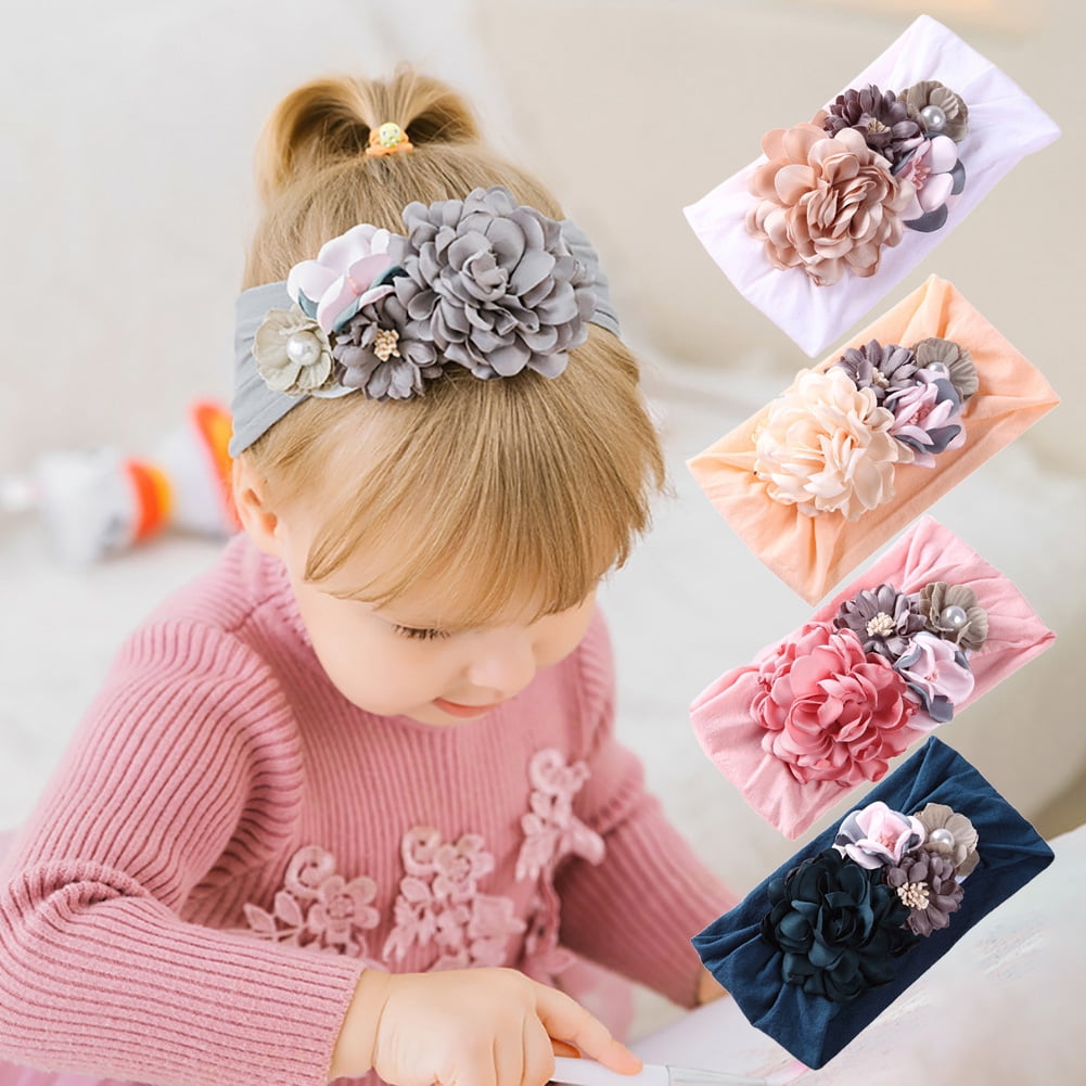 Hair Accessories Princess  Turban Pearl  Baby Headbands Nylon Flower Hairband