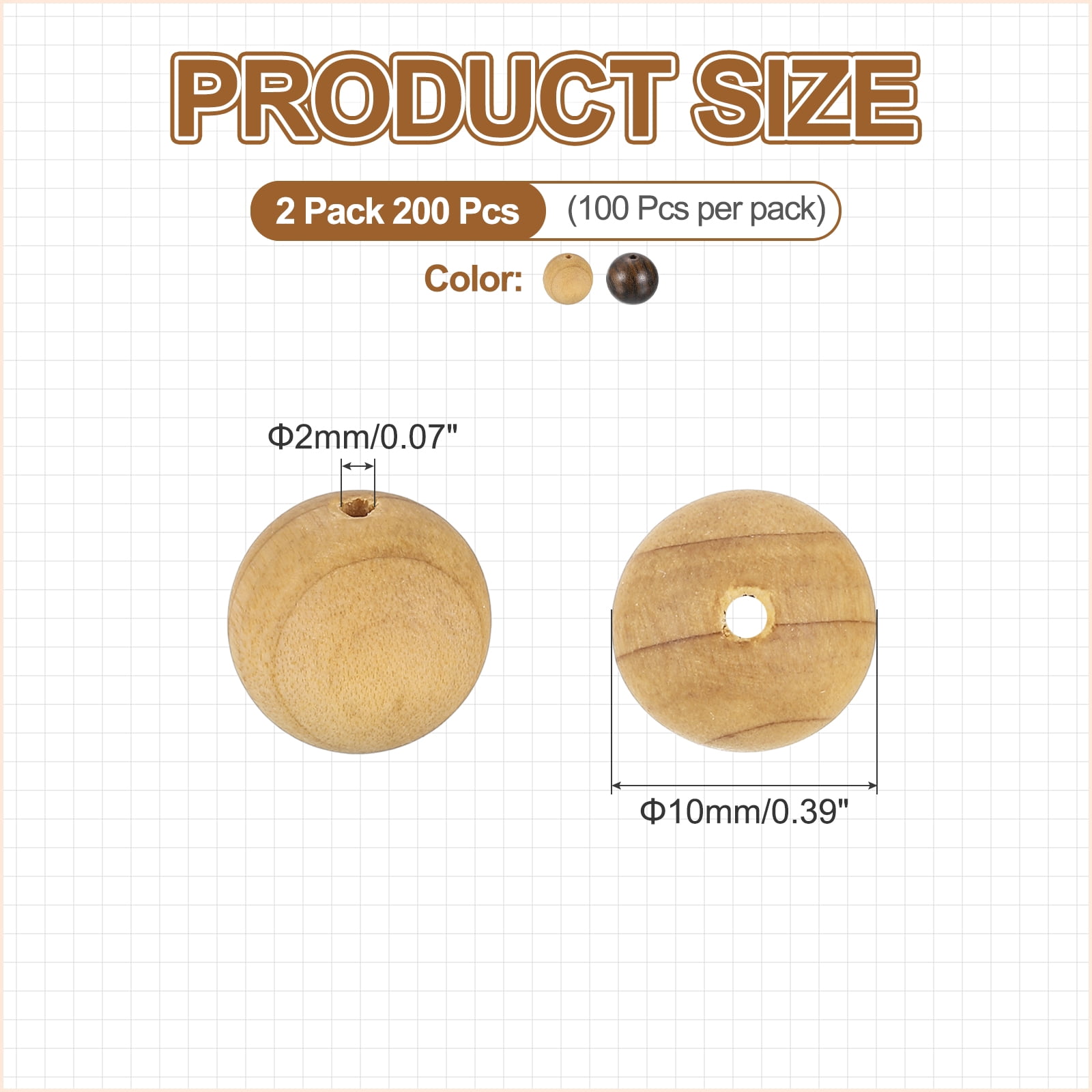 Uxcell 200Pcs Round Wooden Beads 2mm Hole Dia 10mm Dia Deep&Light Brown