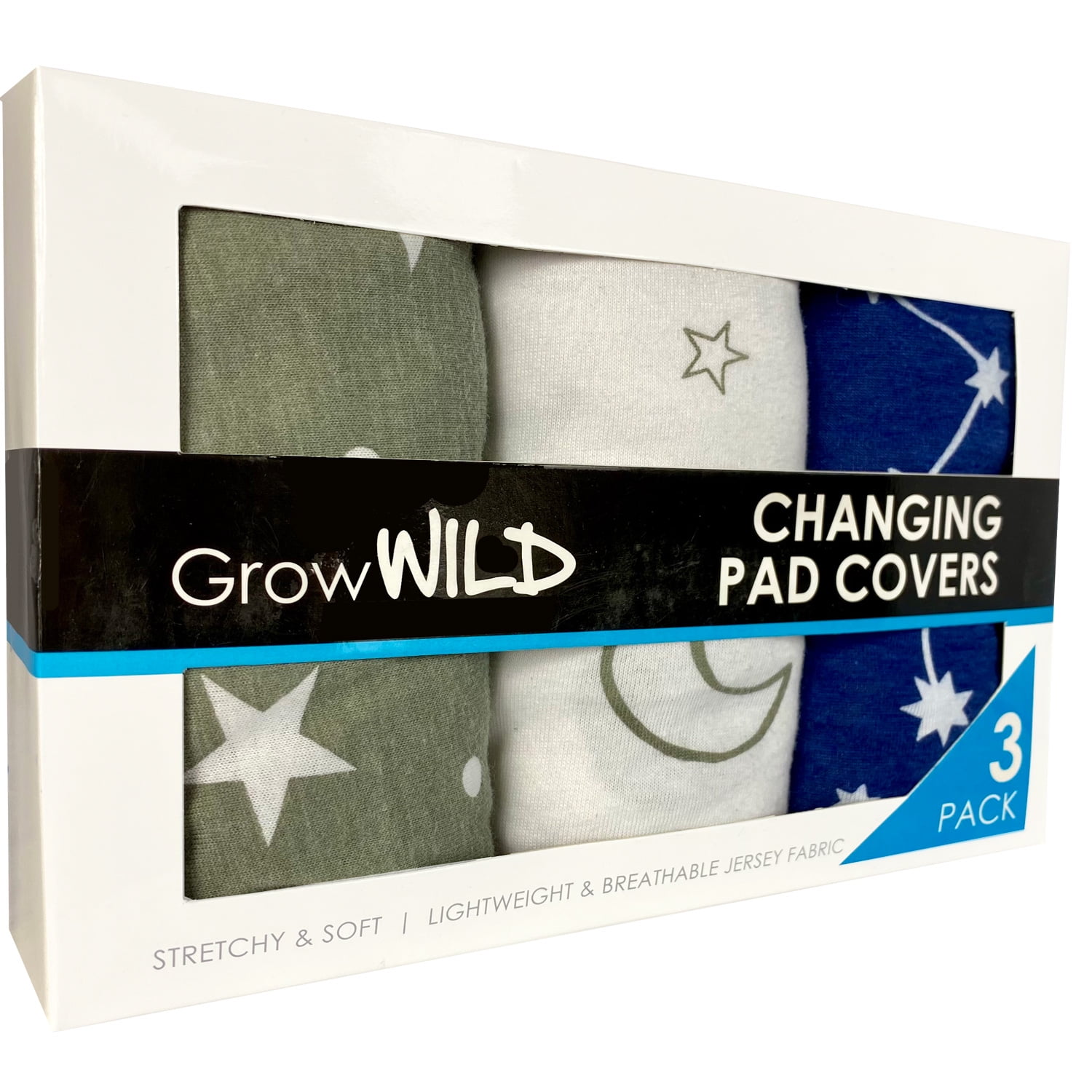 GROW WILD Changing Pad Cover 3 Pack | Soft & Stretchy Jersey Cotton | Baby Changing Table Pad Cover | Gray Diaper Changing Pad Covers for Girls or Boys | Wipeable Sheets | Stars & Moons