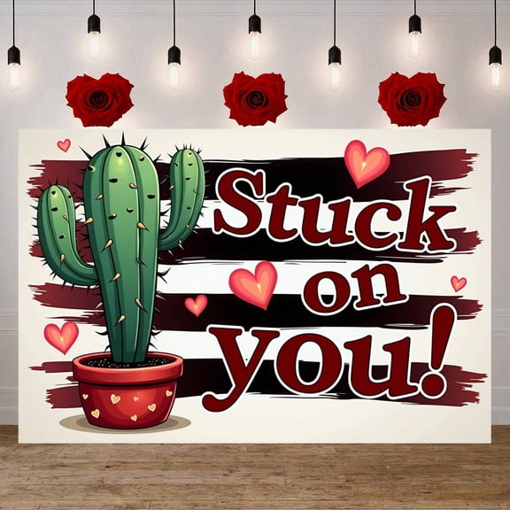 Cartoon Stuck on You Banner Red & Green Tone Romantic Backdrop Heart Print Potted Cactus Design Love Display for Valentine's Day Celebration Couple Anniversary Party Love Confession Occasion