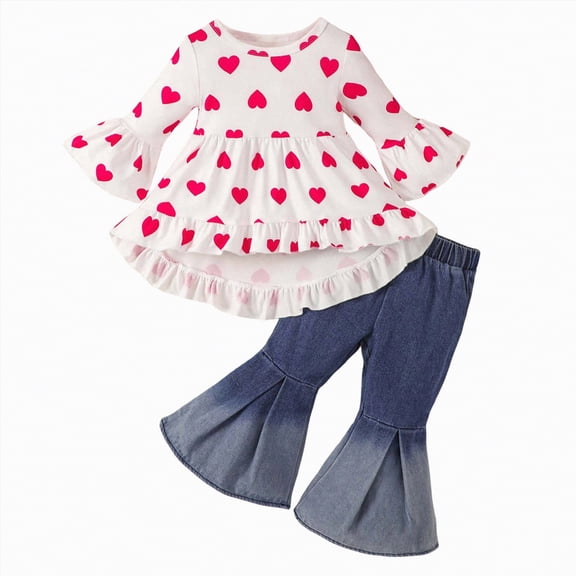 Xyant Toddler Baby Girl Clothes Winter Fall Outfits Long Sleeve Heart Print Ruffle Shirt and Flare Denim Jeans Infant Baby Girl Clothing Set,Size 18-24 Months