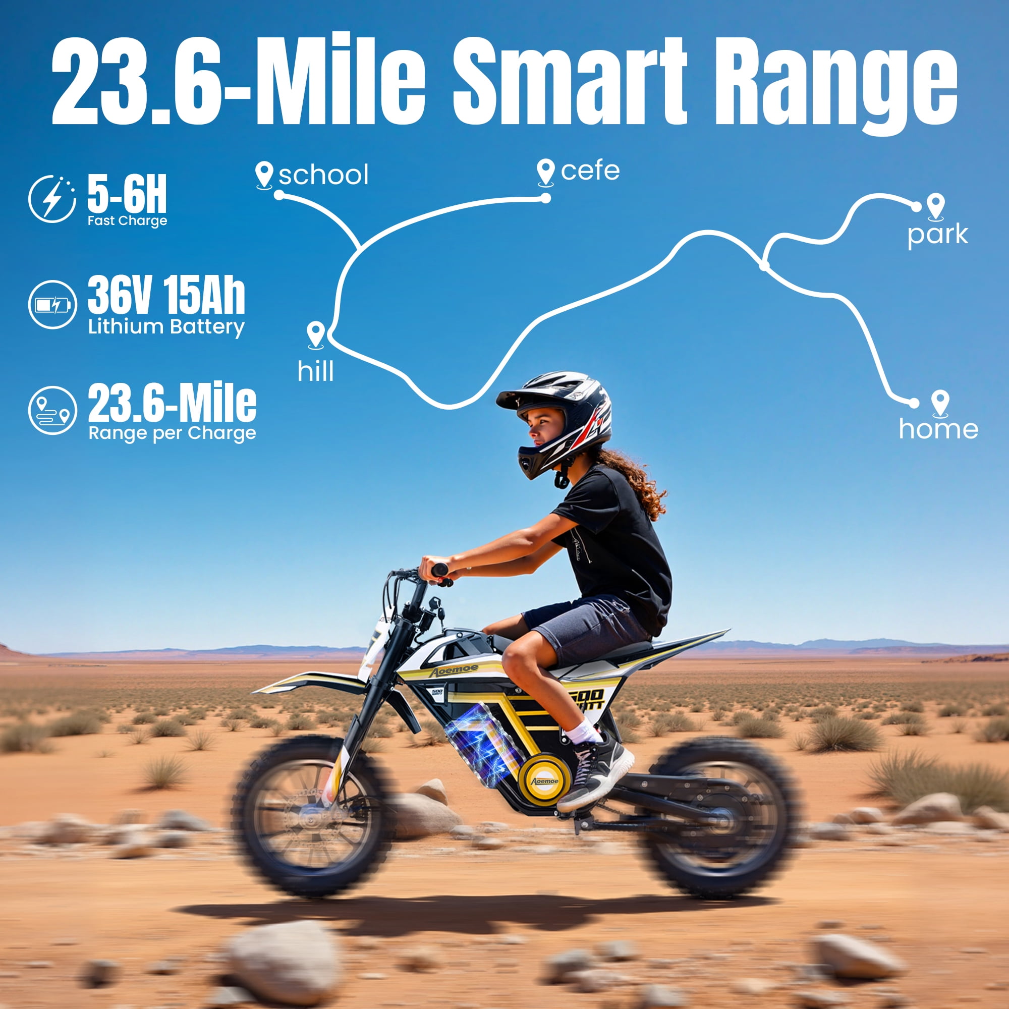 Aoemoe Motorcycle, Motorized Dirt Bikes for kids 8-14, 36V 500W – 15 MPH Top Speed, Dual Suspension, Yellow