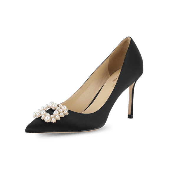 Crystal Pearl Buckled Satin Pumps