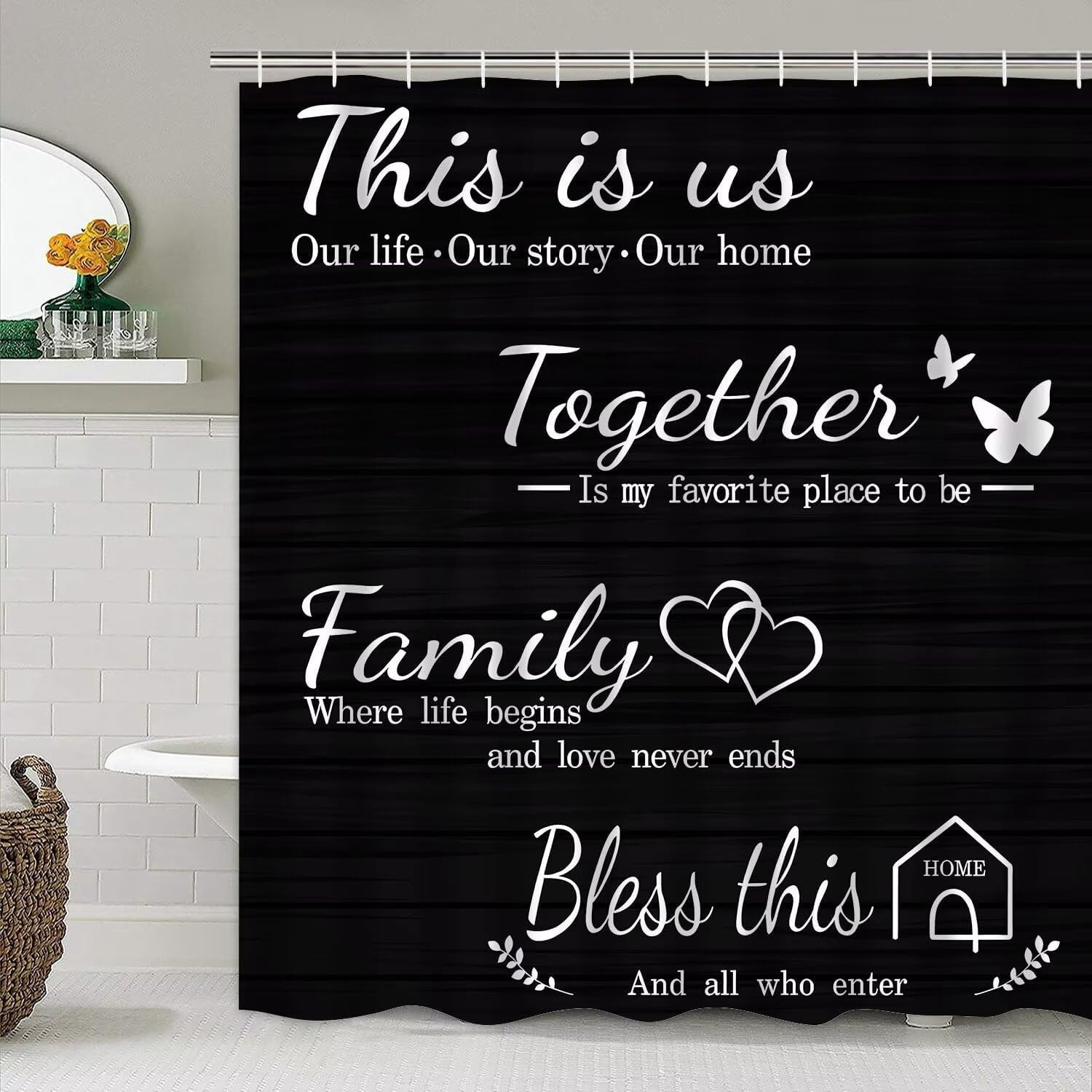 Family Shower Curtain Set Black Home Bathroom Set with Shower Curtain and Rugs and Accessories Bathroom Decor Curtain with 12 Hooks