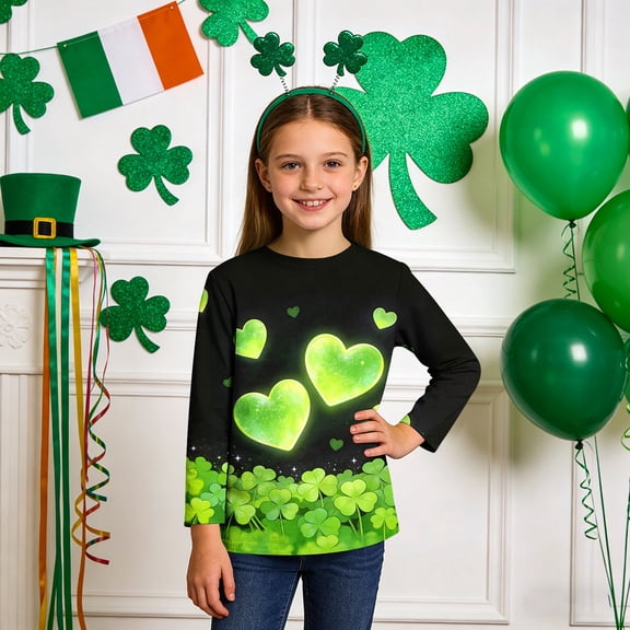 BaoFuBaoMei Funny Graphic Tees Boys Girls St Patricks Day Heart Long Sleeve Pullover Shirt Slim Crew Neck Fall Clothing for Irish Festival Themed Party