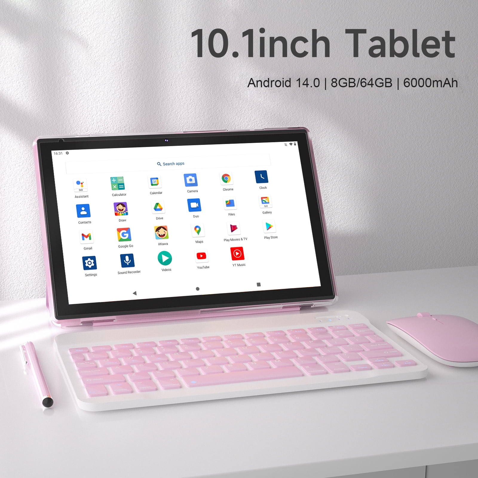 10 inch Android 14 Tablet with Keyboard, 2 in 1 Tablets Set Include Case Mouse Stylus Film, 8GB RAM+64GB ROM, Quad Core 10.1'' Tab, 6000mAh Battery, 8MP Dual Camera, Google GMS Tableta, Pink