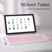 10 inch Android 14 Tablet with Keyboard, 2 in 1 Tablets Set Include Case Mouse Stylus Film, 8GB RAM+64GB ROM, Quad Core 10.1'' Tab, 6000mAh Battery, 8MP Dual Camera, Google GMS Tableta, Pink