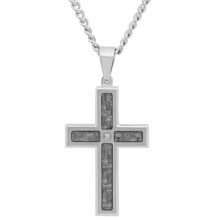 Men's Stainless Steel Gray Carbon Fiber Diamond Accent Cross with 24" Curb Chain - Mens Pendant