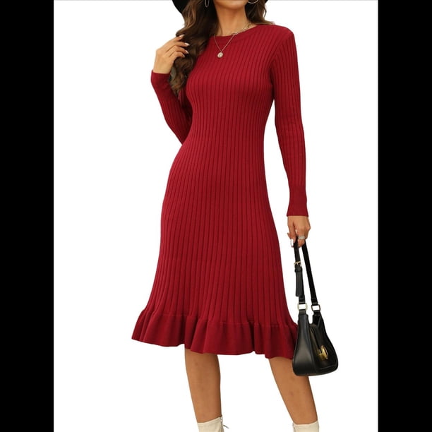 Vestido de Punto Acanalado para Mujer, Informal, de Larga, Cuello Redondo, Ajustado, Plisado, Estilo Urbano Vino Tinto L
