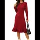 thumbnail image 1 of Vestido de Punto Acanalado para Mujer, Informal, de Larga, Cuello Redondo, Ajustado, Plisado, Estilo Urbano Vino Tinto S, 1 of 10