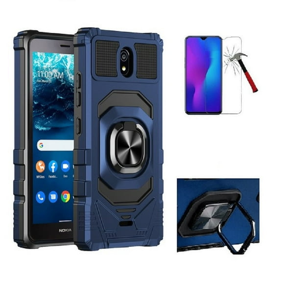 Phone Case for Nokia C100,  Ring Stand Tough Hybrid Case Cover   Tempered Glass (Blue)