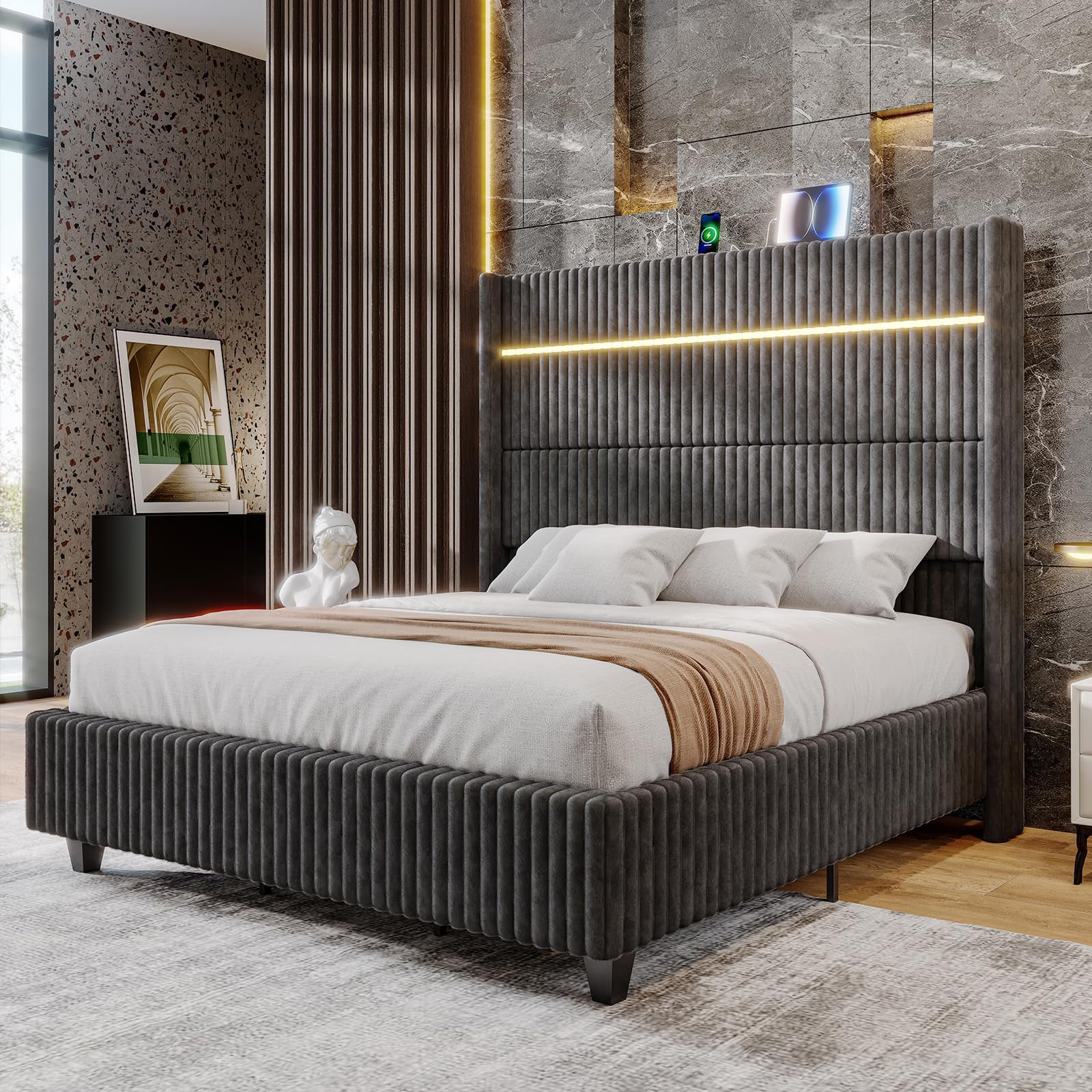 Merluxy 60" Tall California King Bed Frame with LED Lights, Faux-Fur Upholstered Platform with Wingback Headboard & Charging Station, Grey