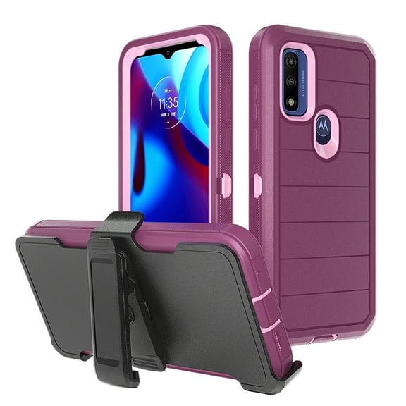 NIFFPD Moto G Pure Case, Moto G Power 2022 Case,with Belt-Clip Holster Dual Layer Rugged Shockproof Anti-Drop Wine&Pink