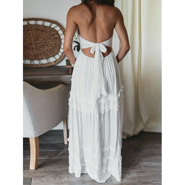 Arvbitana Women's Halter Long Dress Sleeveless Deep V-neck Drawstring Flowy Maxi  Dress Low Cut Backless Tie-up Ruffles Beach Dress for Party Vacation -  Walmart Business Supplies