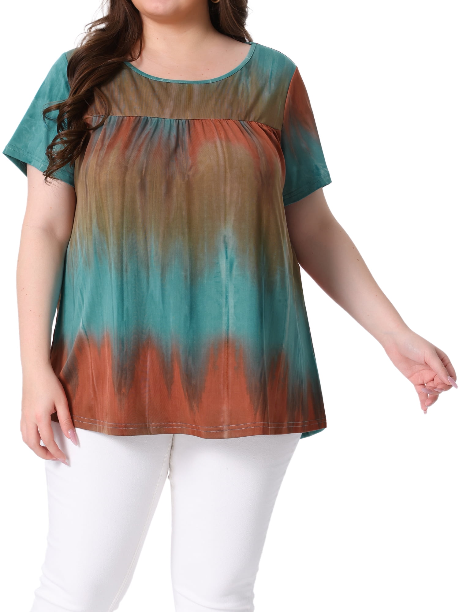 DARING DIVA Women's Plus Pleated Front Casual Blouse 1X Blue Brown