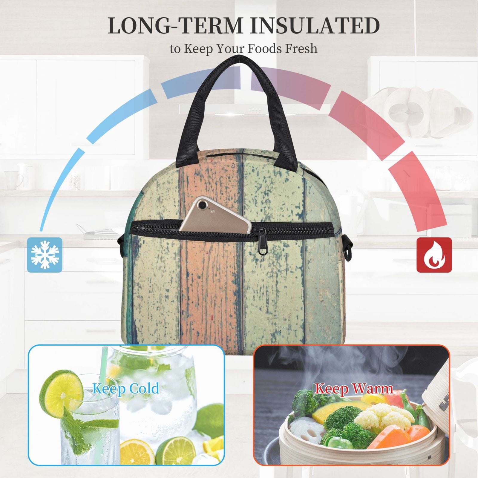 Xecao Hardwood Print Insulated Lunch Box, Lunch Cags Lunch Bag Featuring An Adjustable Shoulder Strap