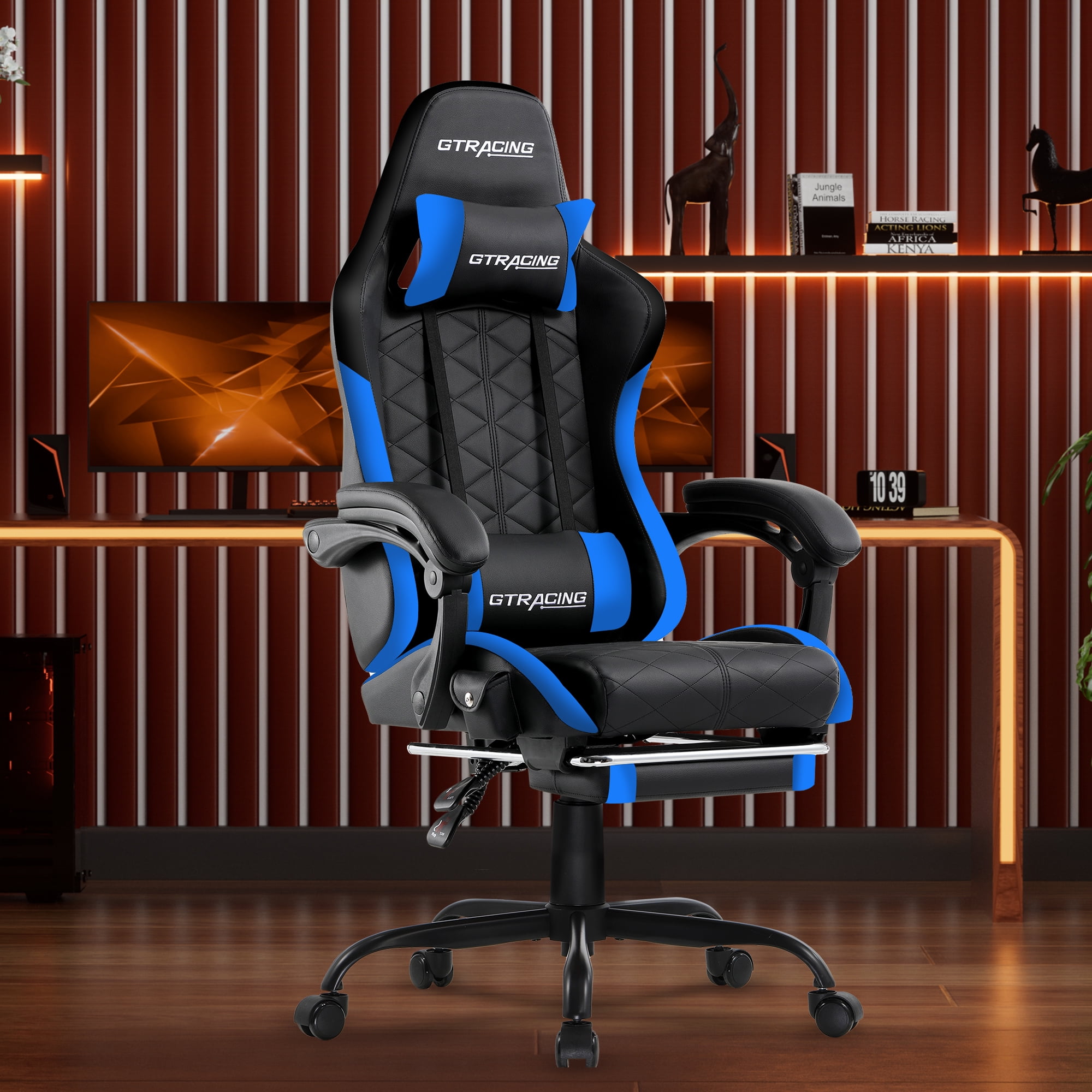 GTRACING GTW-100 Reclining Gaming Chair with Bluetooth, Adjustable Pillows and Footrest, Blue