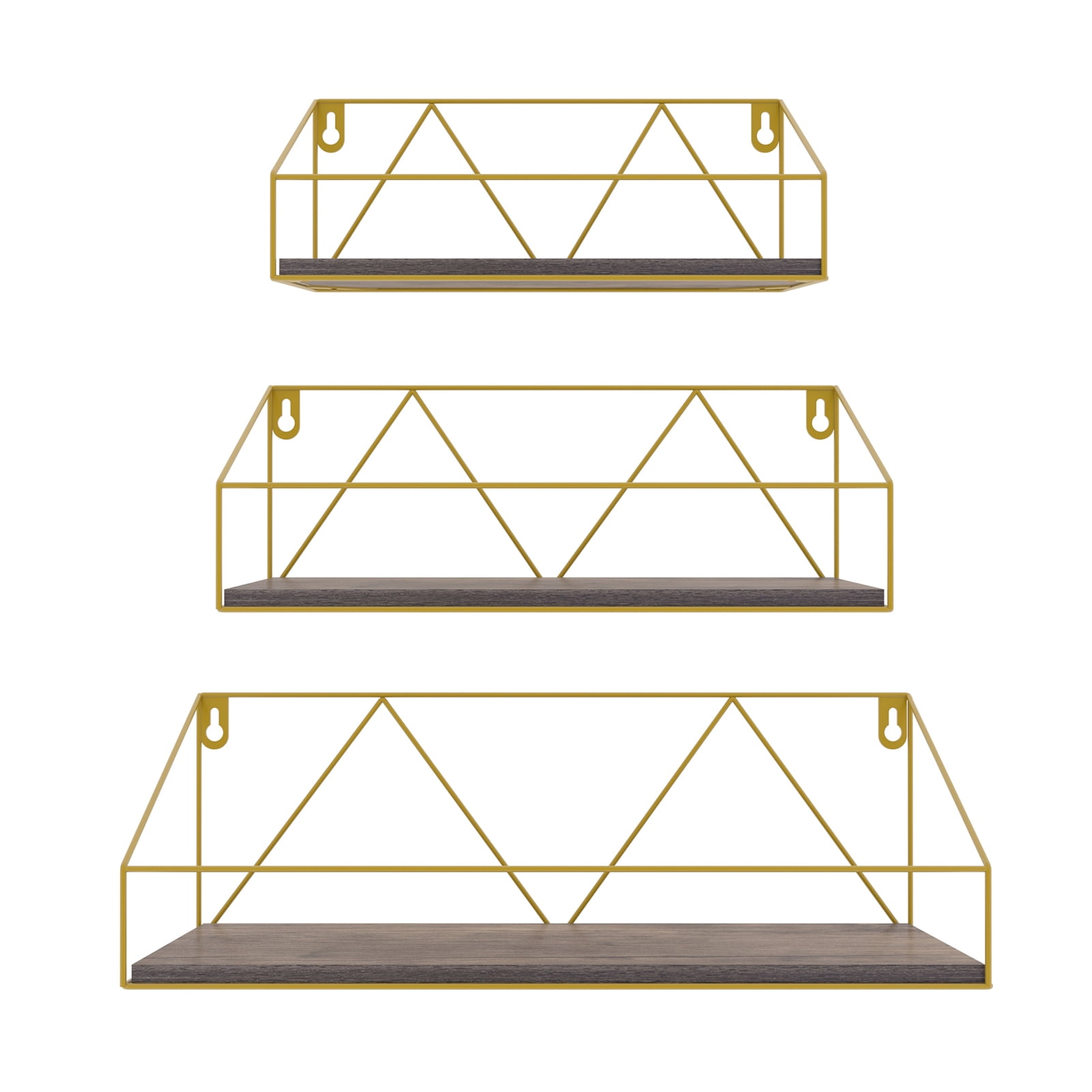 Floating Wall Shelf Set of 3 in Different Sizes, Gold Storage Rack for