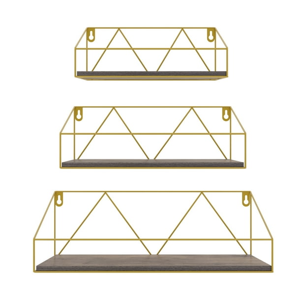 Floating Wall Shelf Set of 3 in Different Sizes, Gold Storage Rack for