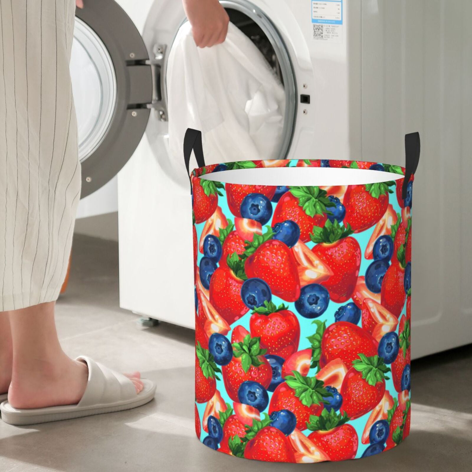 Large Laundry Basket with Handles - Blueberry Print strawberry Kids Baby Dirty Clothes Laundry Hamper for Bedroom Aesthetic