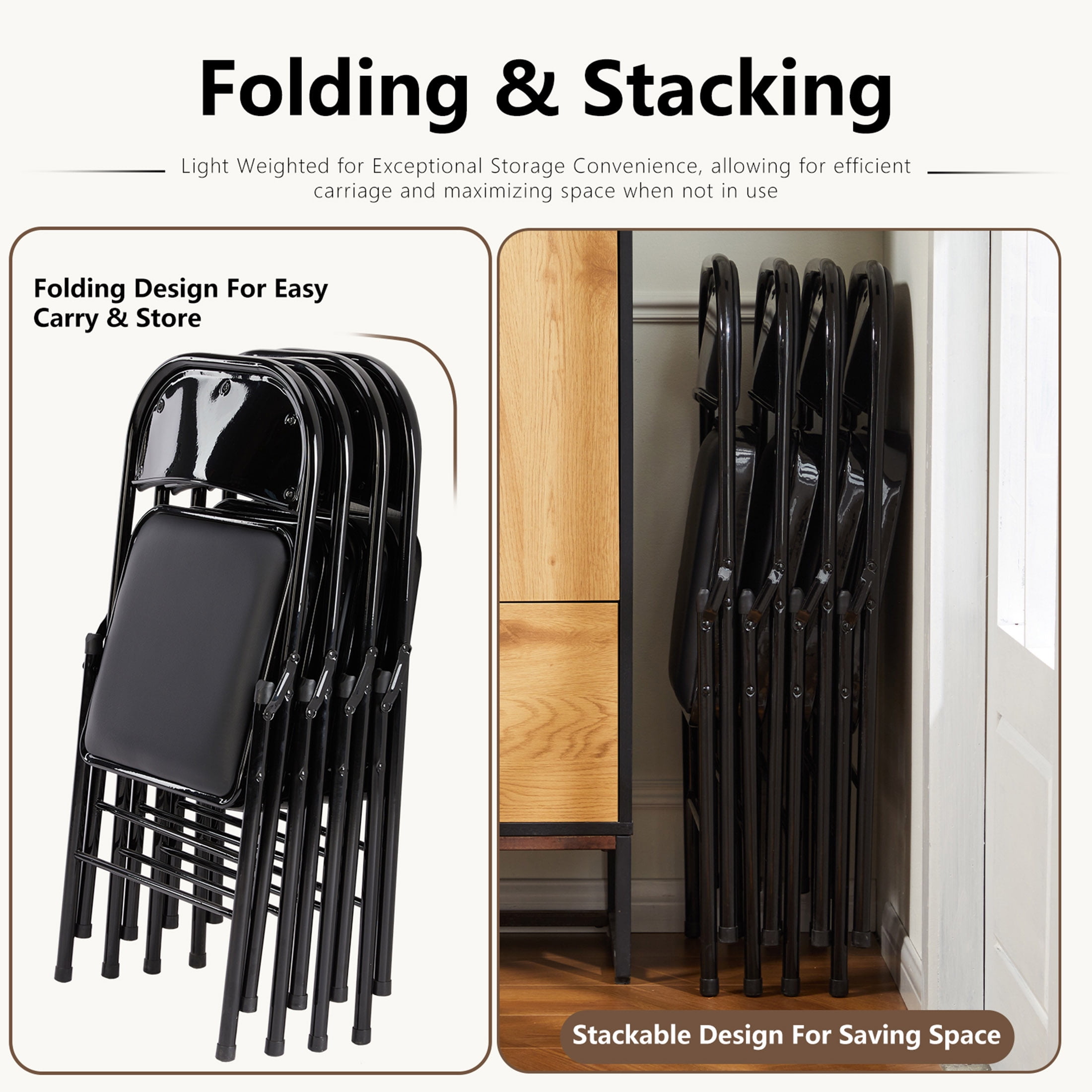 CONCETTA 2 Pack Folding Chair, Indoor Outdoor Portable Stackable Commercial Leather Padded Seat for Home, Office, Party, Black