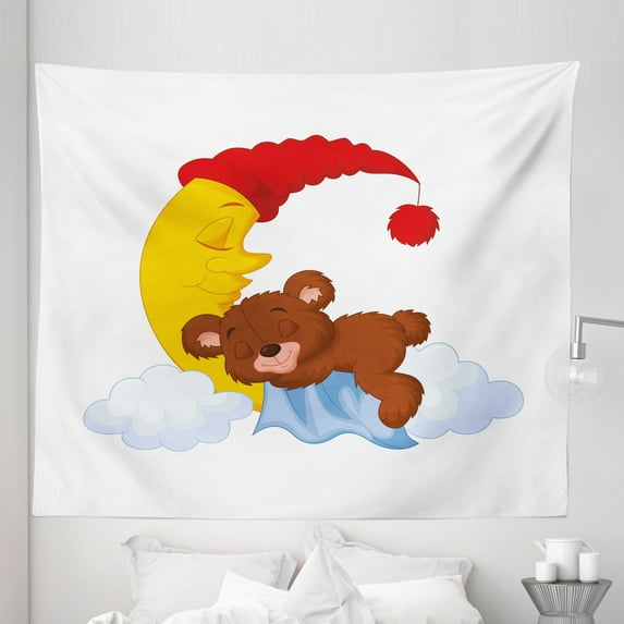 Bear Tapestry, Cartoon Character Falls Asleep on Moon with Hat and Clouds Theme, Fabric Wall Hanging Decor for Bedroom Living Room Dorm, 5 Sizes, Multicolor, by Ambesonne