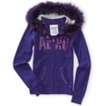 thumbnail image 1 of Aeropostale suéter con capucha de piel sintética con cremallera para mujer, morado, pequeño Aeropostale Encapuchado, 1 of 1