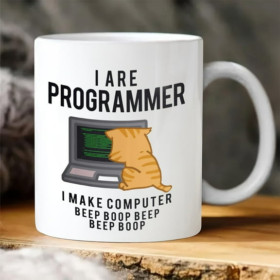 1pc, Computer Programmer Cat Funny Mug, Ceramic Mug Double-sided Design, Computer Coder Pun Nerd Meme Mugs, Funny Coworker Gift, Coffee Cup, Coffee Mug, Tea Cup, Drinkware, Home Decor