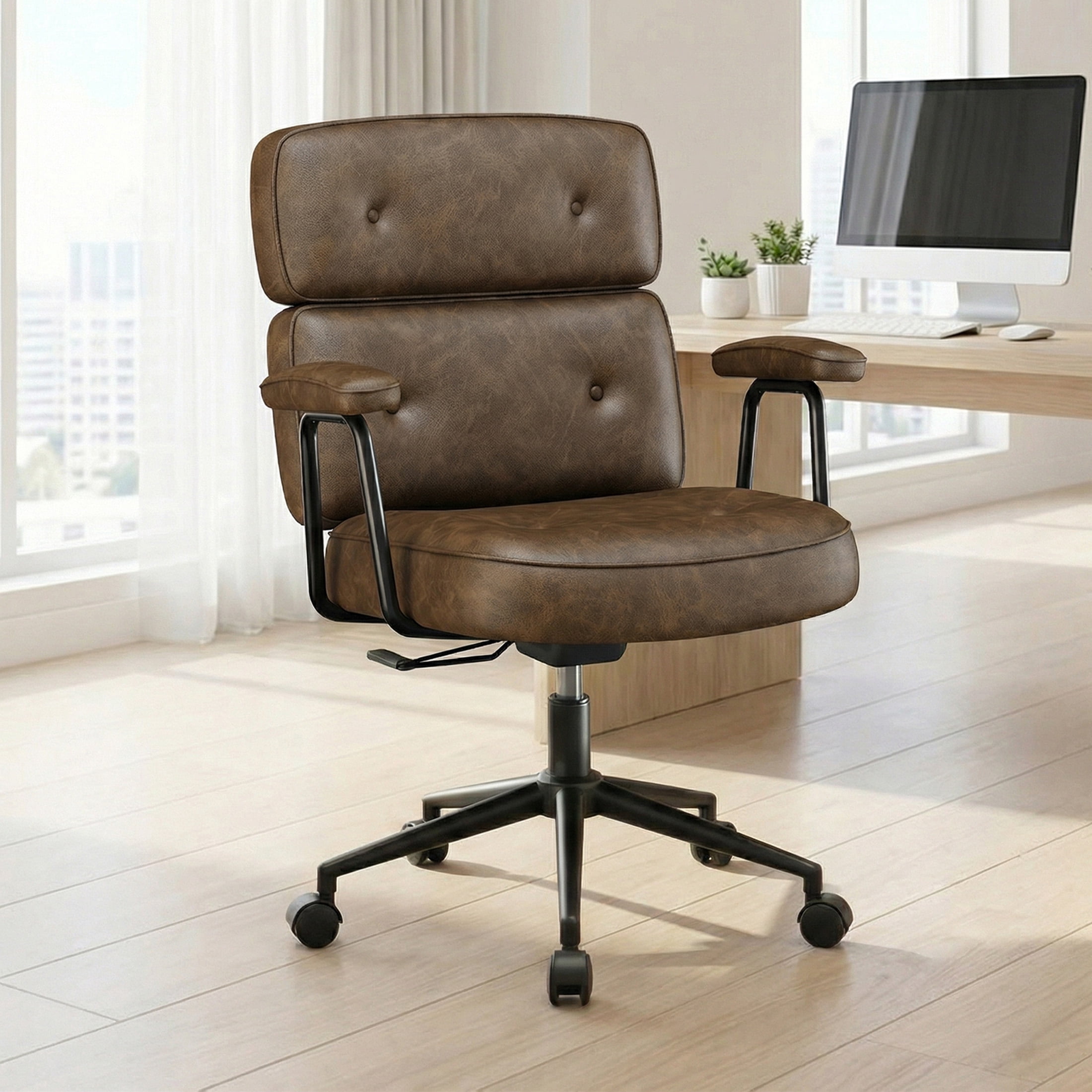 CONCETTA Ergonomic Office Chair, Soft PU Leather Adjustable Task Chair with Lumbar Support and 360° Swivel, Brown