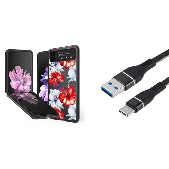 Bemz Premium Bundle for Samsung Galaxy Z Flip 3 5G: Slim Snap-On Protector Case (White Red Tropical Flowers), Nylon Braided USB-C to USB-A Cable (3 Feet)