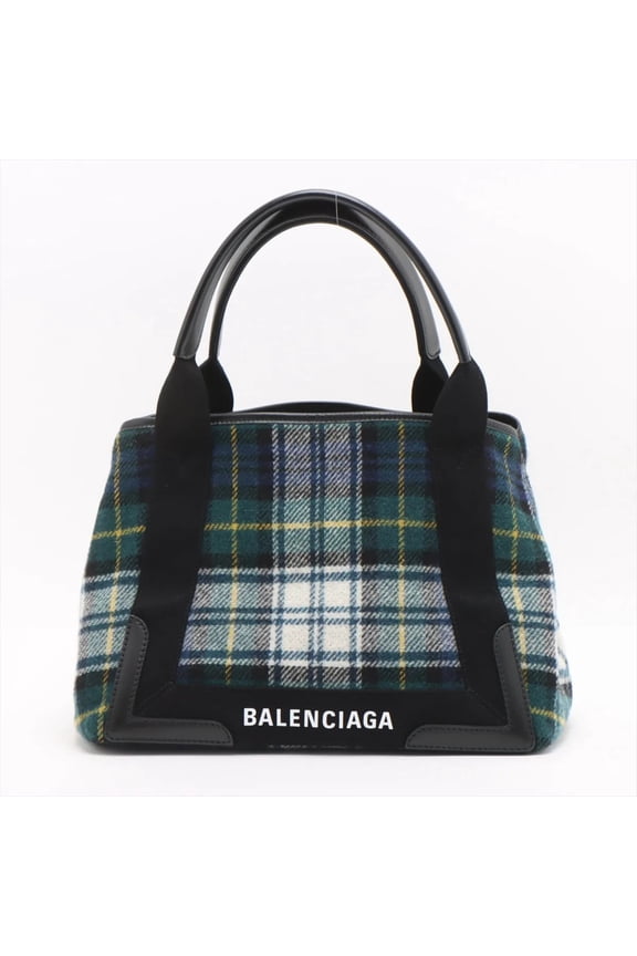 Pre-Owned Balenciaga Navy Cabas Handbag with Pouch, Check Pattern Leather and Wool Handbag/Tote...