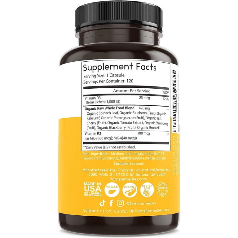 Thomas' all-natural Remedies D3 + K2 with MCT Oil for Better Absorption -  1- Vegan - Made in USA - Support for Your Heart, Bones & Teeth - Non-GMO -  120ct - Walmart.com