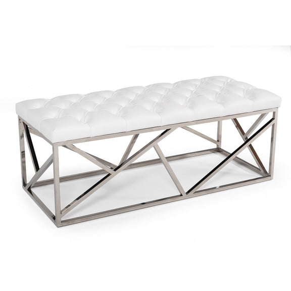 48" White And Silver Upholstered Faux leather Bench